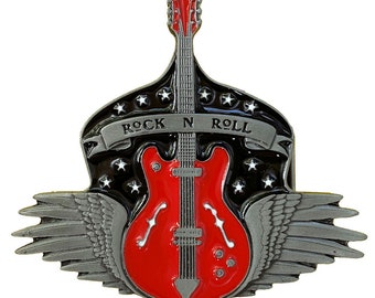 May include: A red electric guitar with wings and a banner that says "Rock N Roll" on a black background with white stars.