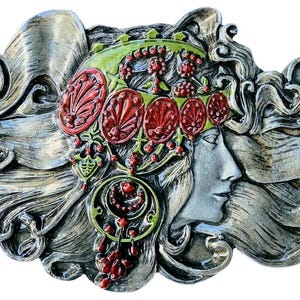Art Nouveau‎ Style Belt Buckle Foiled Glass Cabochon Gothic Cottagecore Art Nouveau gilded metal dragonfly buckle with peacock  main image 2