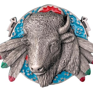 Western Buffalo on Indian Cowboy Shield Belt Buckle