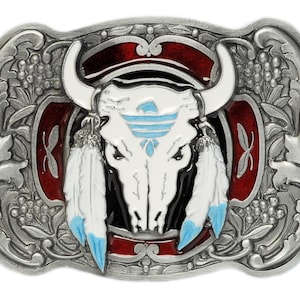 American Bison Buffalo Skull, Longhorn Cattle Buffalo Bison Skull Tribal Native American Cowboy Western Men Solid Brass Trophy Belt Buckle