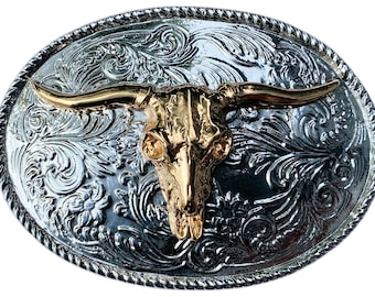 Fibbia per cintura placcata oro e argento con teschio Rodeo Steer in scatola di presentazione