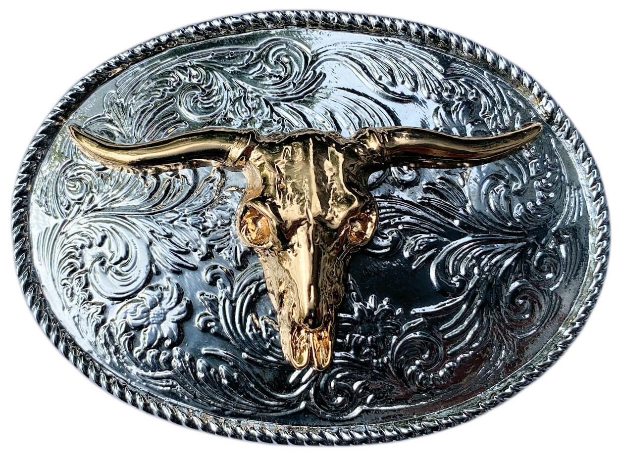 Rodeo Steer Skull Western Gold & Silver Plated Belt Buckle  display picture 3