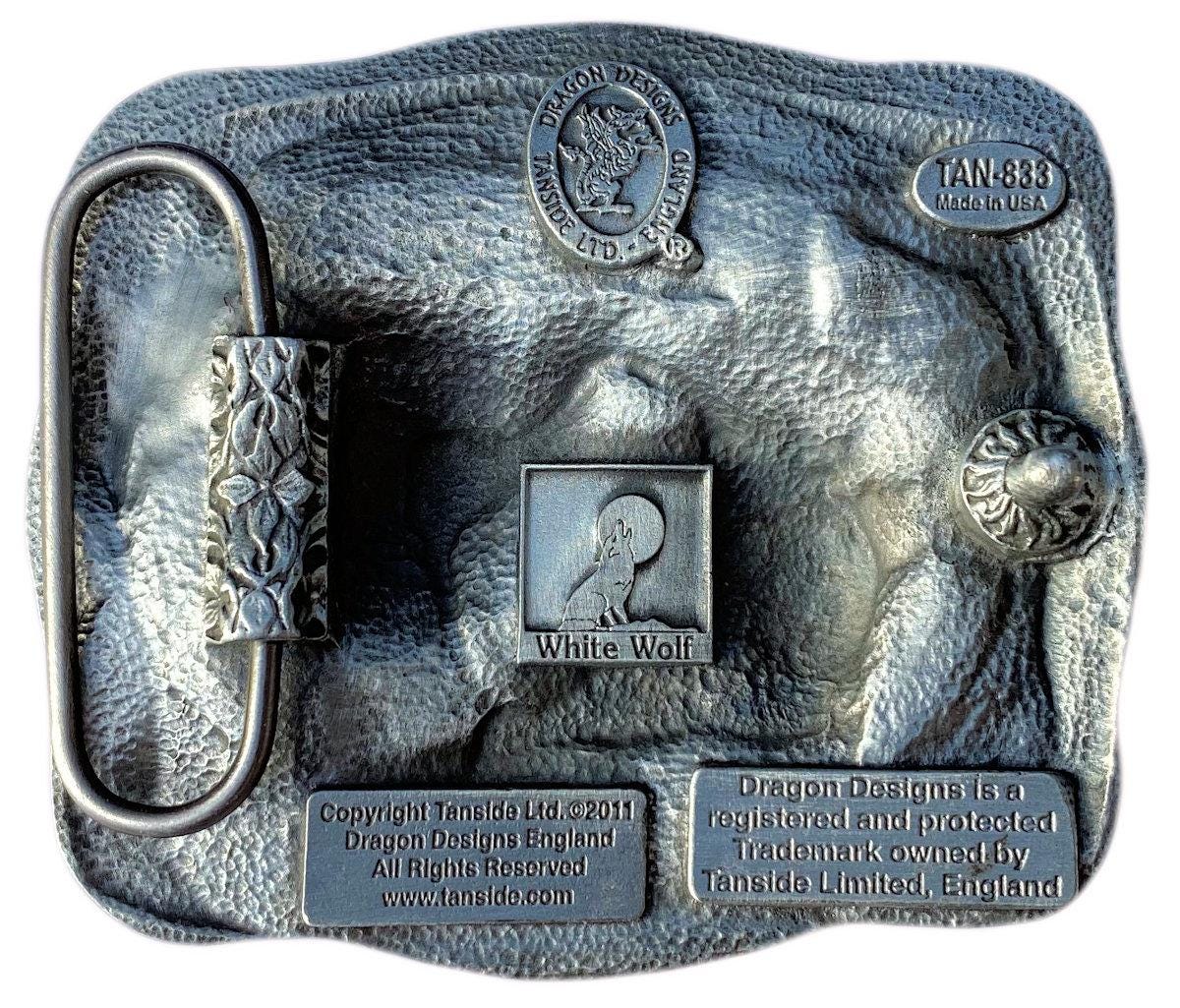 Western Two Wolves With Feathers Belt Buckle in Presentation 