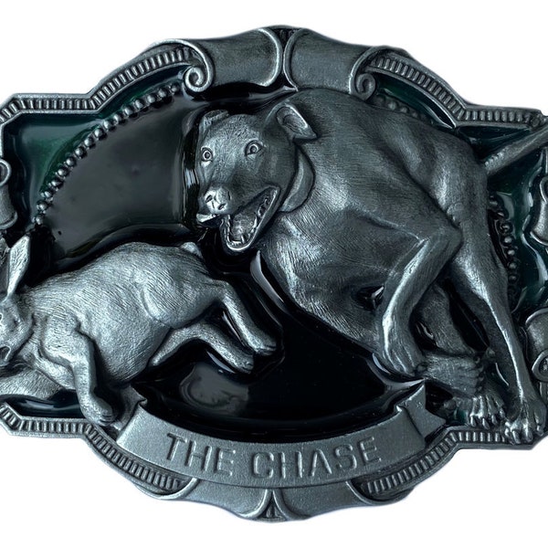 The Chase Lurcher Dog & Hare Belt Buckle with Presentation Box