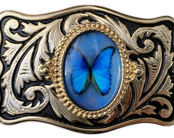 Western Style Blue Butterfly Centre Belt Buckle in Presentation Box