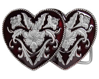 Western Double Heart Belt Buckle with Presentation Box