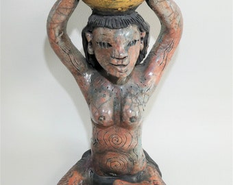 Rare Peruvian terracotta statue. Unique handmade model. Vase or perfume burner. 1950 1960