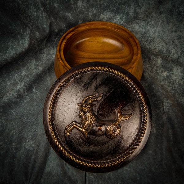 Turned Teak Lidded Wooden Bowl Container  Box with carved zodiac sign Unicorn lid unique art 2058