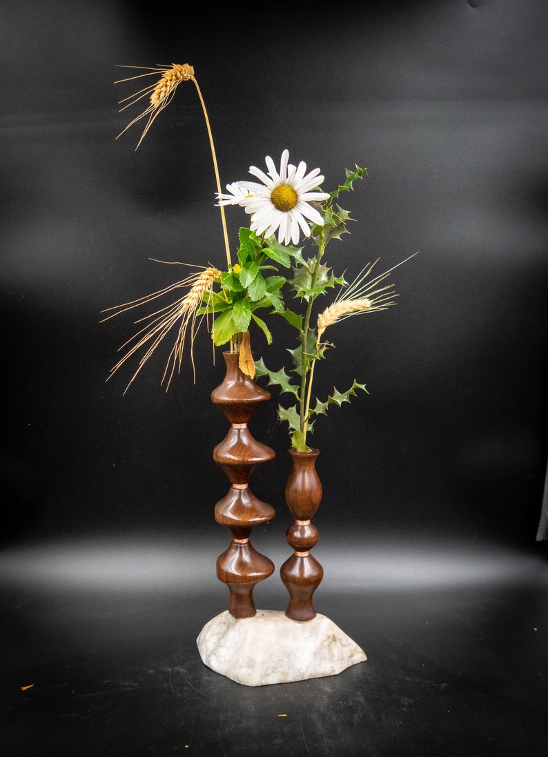 Handmade Turned Wooden walnut Alabaster base Bud Vase Flower Vase Weed pot Twig vase 1711