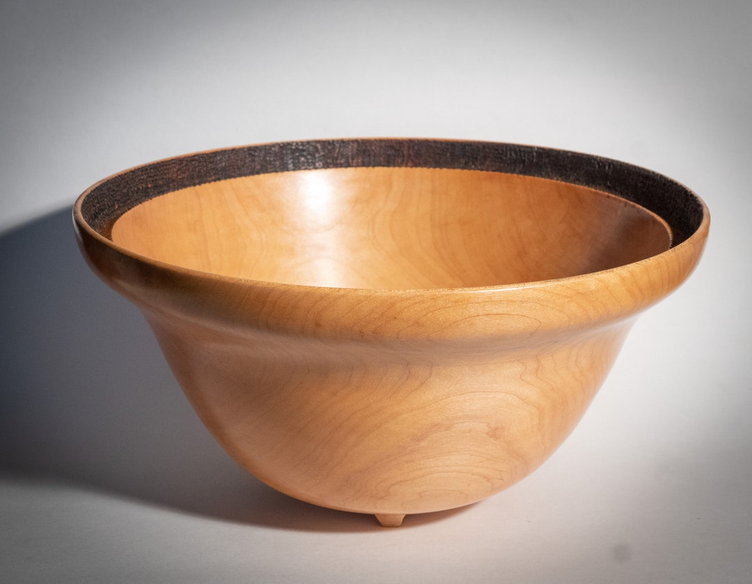 Unique Turned and Carved Deep Maple Footed Wood Bowl Handmade Bowl