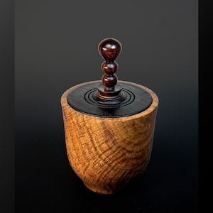 Handcrafted Wood turned Oak Burl Lidded Bowl, Box with cocobolo finial - Unique Decorative Art Piece, Natural Wood Unbelievable Grain 2386