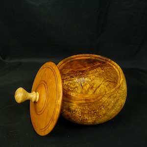 Unique Turned Lidded Wooden Bowl Container Box Curly Spalted Maple with cherry lid 2137
