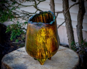 Unique Wood Turned and Carved Natural edge Colored Maple footed bowl vase Highly figured maple 1972
