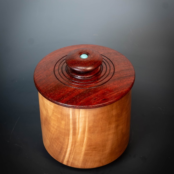 Handcrafted  Maple Lidded Bowl with padauk lid Turquoise Inlay – Artisan Woodturned Container for Home Decor or Unique Gift 2311