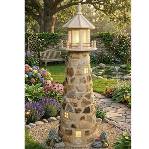 May include: An outdoor decorative lighthouse with a stone base and a white top. The lighthouse has small windows that emit a warm glow. It is set in a garden with flowers, a pond, and a stone pathway.