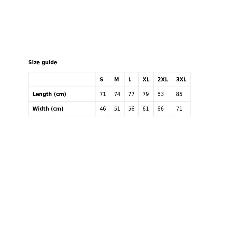 May include: Size guide chart for clothing with measurements in centimeters for length and width. Sizes include S, M, L, XL, 2XL, and 3XL.