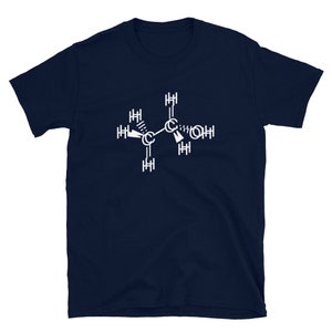 May include: A navy blue t-shirt with a white graphic of a chemical structure. The structure is a representation of a molecule with carbon and hydrogen atoms.