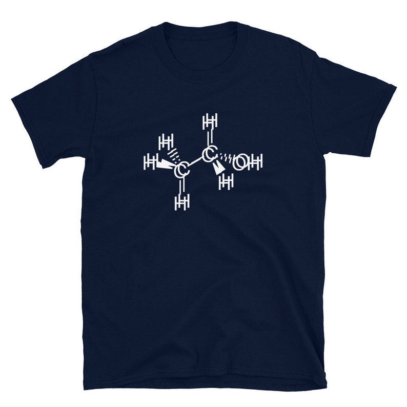 May include: A navy blue t-shirt with a white graphic of a chemical structure. The structure is a representation of a molecule with carbon and hydrogen atoms.