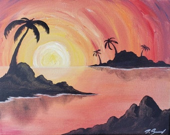 Warm Palm Tree Sunset Painting Acrylic Landscape Beach Wall Art Tropical Painting 11x14