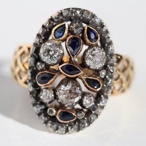 Old Cut Diamond & Sapphire Vintage Iberian 18k Gold Statement Ring-R0982