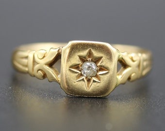 Superb Victorian Diamond 18k Yellow Gold Antique Ring, Entire English Birmingham Hallmarks, Fine Jewelry, Size 7 3/4, Vintage Ring - R0402