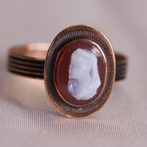 May include: A gold ring with a cameo set in a red and black oval frame.