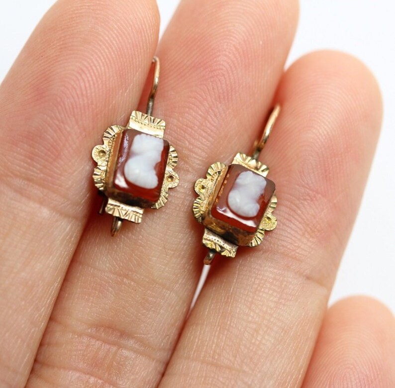 Fine Jewelry Lovely Carnelian Cameo Victorian Earrings Circa 1860 Vintage Earrings E0022 10k Gold Antique Earrings Woman Portrait