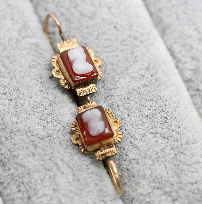Fine Jewelry Lovely Carnelian Cameo Victorian Earrings Circa 1860 Vintage Earrings E0022 10k Gold Antique Earrings Woman Portrait