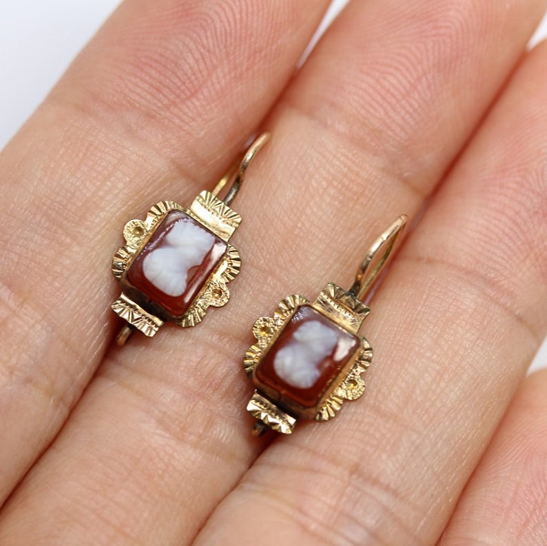 Fine Jewelry Lovely Carnelian Cameo Victorian Earrings Circa 1860 Vintage Earrings E0022 10k Gold Antique Earrings Woman Portrait