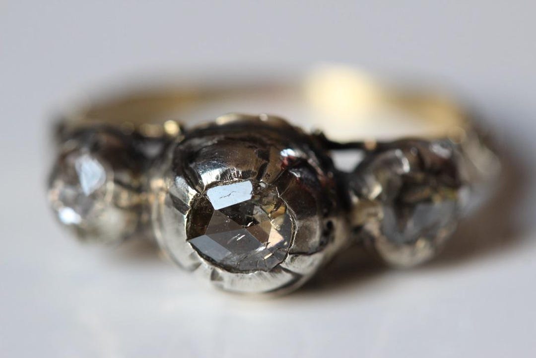 Georgian Antique Rose Cut Diamond Trilogy Silver & 14k Gold Ring Size 6 ...
