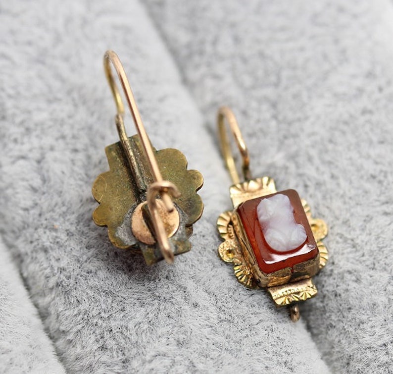 Fine Jewelry Lovely Carnelian Cameo Victorian Earrings Circa 1860 Vintage Earrings E0022 10k Gold Antique Earrings Woman Portrait