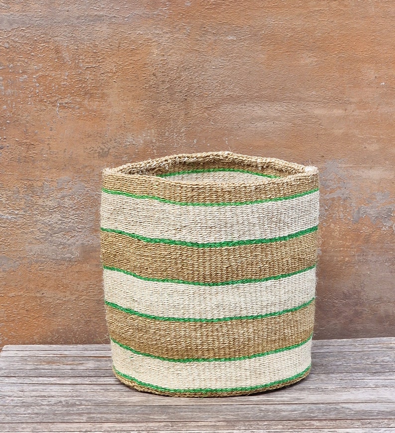 BAKi: 12W x 12H Natural with green striped sisal basket / Planter basket/ Storage basket image 1
