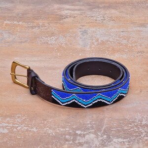 Bush Princess Maasai Dark Teal Blue Beaded Belt Sized 33.5 in - 36.5 in Handmade Maasai Beaded Leather Belt – Teal and Brown Native  main image 3