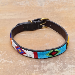 17.5&quot;- 20&quot; (1&quot;width) Maasai beaded dog collar, Leather beaded dog collar