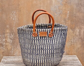 BIDII:  11"W x 12"H Navy recycled wool and sisal basket bag