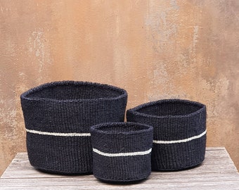 KIJIVU: Black and white stripe sisal basket