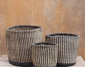 LAIKIPIA: Black and jute vertical stripe sisal baskets