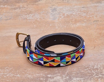 25"-32" Maasai beaded belt, Leather beaded belt, Unisex leather belt