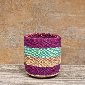 BADILI: 9"W x 9"H  Patterned Multicolour recycled wool & sisal basket /Recycled wool / Storage basket