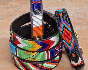 14"-17" Maasai beaded dog collar,Kenya beaded dog collar, Leather dog collar