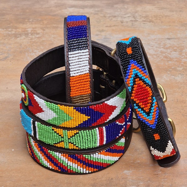 14"-17" Maasai beaded dog collar,Kenya beaded dog collar, Leather dog collar