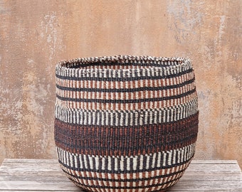 BARAKA: 11"W x 12"H Earthy toned patterned sisal basket /Planter basket / Storage basket