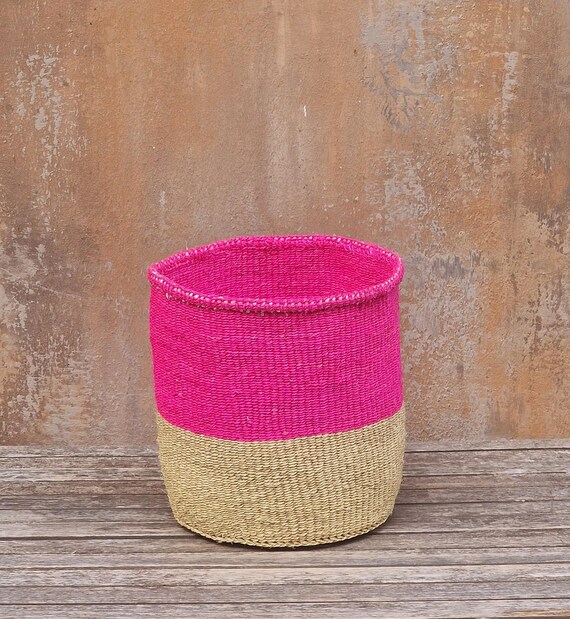 REMBO: Fuschia Sisal Basket, Handmade Kenyan Storage Planter (8x9)