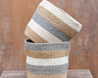 DEREVA: 10"W x 10"H  Grey and natural striped sisal basket