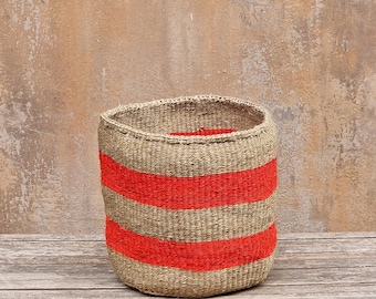 NATHANI: mand van jute en rood gestreepte sisal, 9 x 9 inch (b x h) / opbergmand/ plantenbak