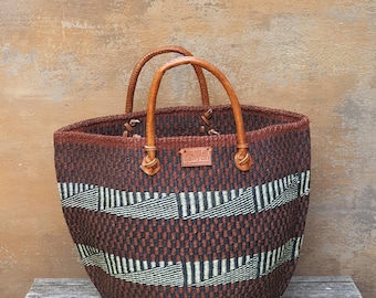 MPIRA: Brown stripe patterned fine weave sisal basket bag / African basket / Beach bag