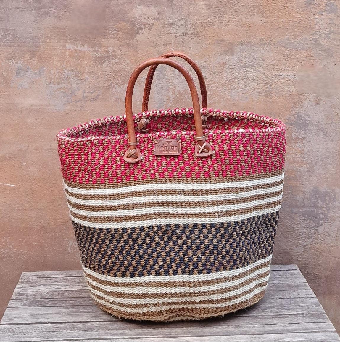 Imba 14 Po. L X H. Sac Panier En Sisal À Carreaux Bordeaux Et Naturel/Panier Provisions/Panier De Rangement