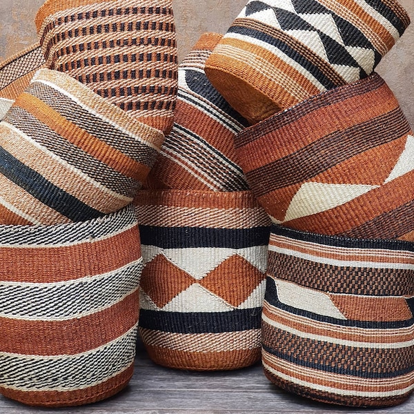 TAMADUNI:  9"W x 9"H Geometric earthy fine weave sisal baskets / Storage basket / Planter basket