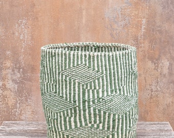 UTHI: 12"W x 12"H Green recycled wool & sisal basket