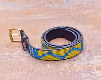 Bush Princess Maasai Dark Teal Blue Beaded Belt Sized 33.5 in - 36.5 in Handmade Maasai Beaded Leather Belt – Teal and Brown Native  main image 4